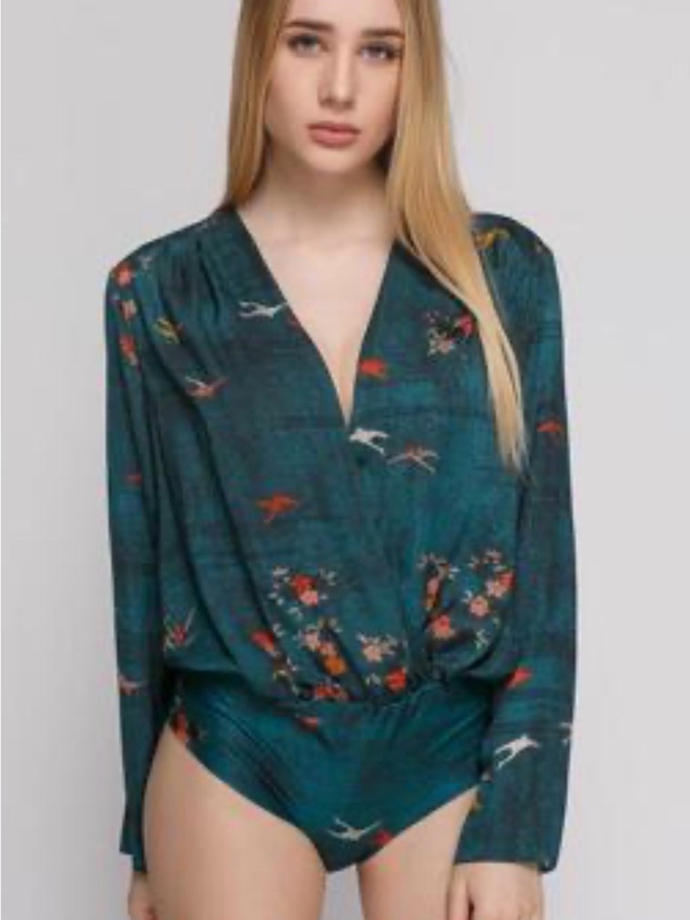 Zara Teal Floral Surplice Long-Sleeve Bodysuit